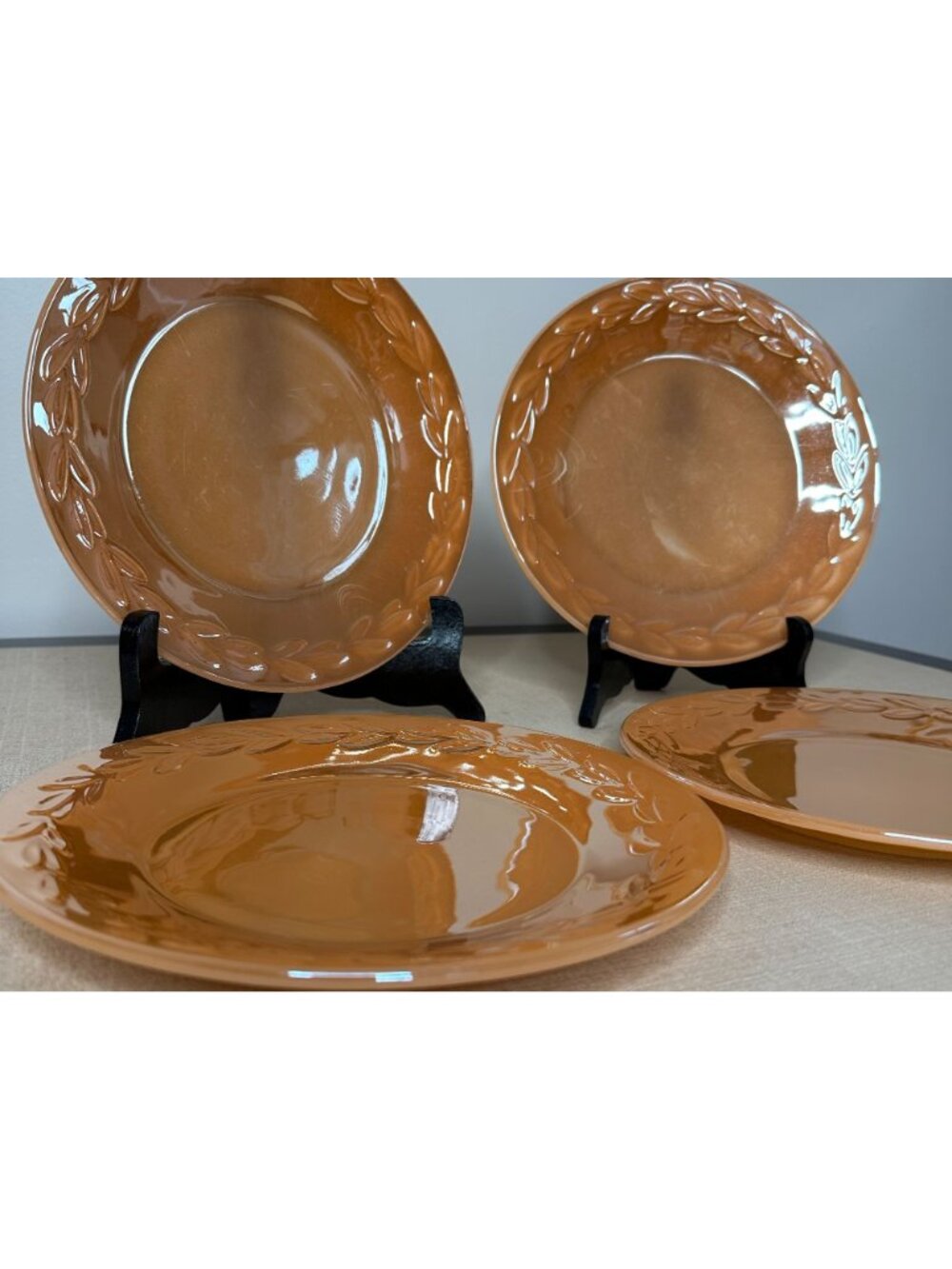 FIRE KING Laurel Leaf Peach Iridescent Lusterware Plates 9" Lot Of 4 Vintage MCM